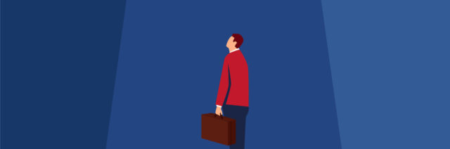 An illustration of a man holding a suite case trapped in a box
