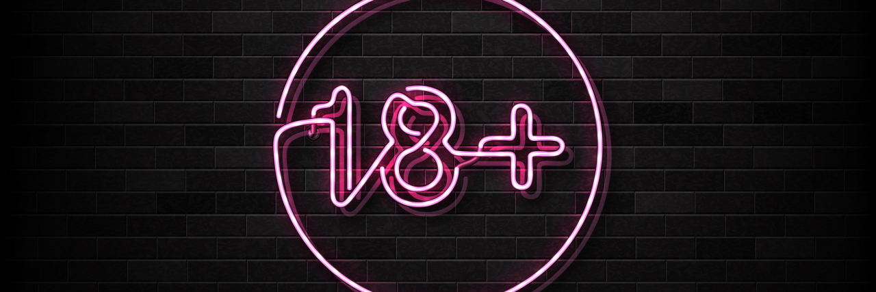 Vector realistic isolated neon sign of 18+ logo for decoration and covering on the wall background. Concept of night club and sex shop.