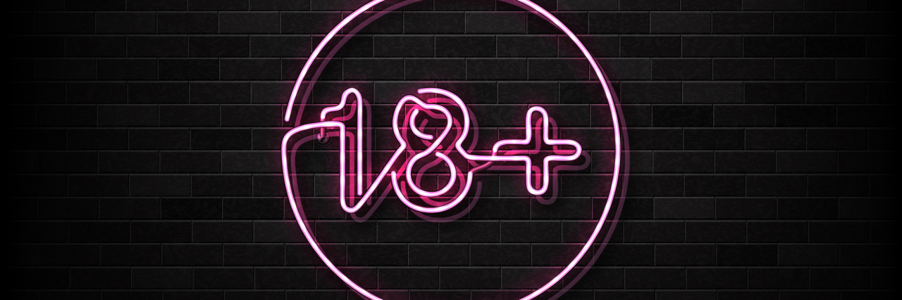 Inclusive Erotica and Disability Porn Made by People With Disabilities Vector realistic isolated neon sign of 18+ logo for decoration and covering on the wall background. Concept of night club and sex shop.