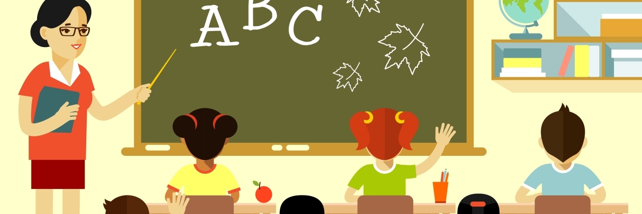 Supporting Neurodiverse Children in School Cartoon of teacher and students in classroom.