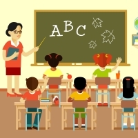Cartoon of teacher and students in classroom.