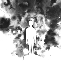 a painting, silhouette of a man and darkness around him