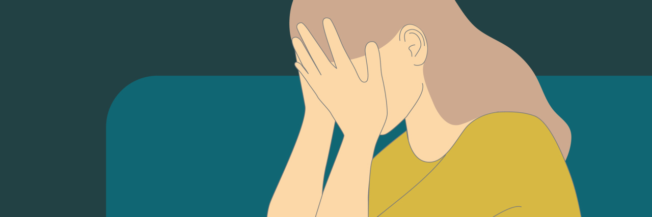 When Repressed Memories of Trauma Resurface illustration of a woman sitting on a couch with her head in her hands