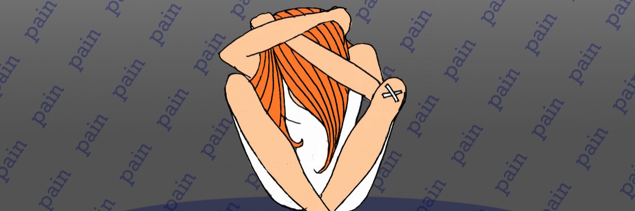 How PTSD Affects Me on a Bad Mental Health Day Illustration of a girl sitting on floor and hiding her head with typography raining.