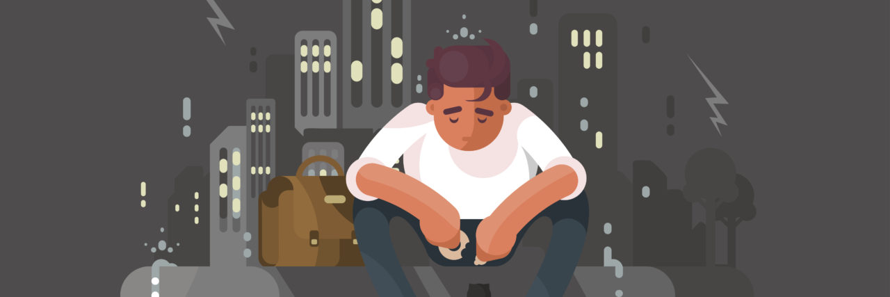 The Things I’ve Learned From My Experiences With Depression Young man sitting on curb in depression in rain.