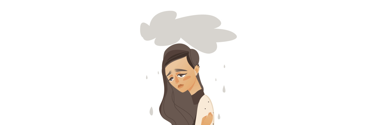 Unhappy female character with rainy clouds above her