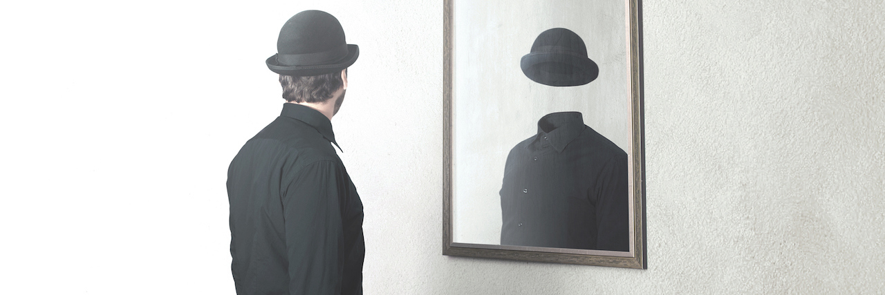 An illustration of a man looking at his reflection in the mirror. He only sees his hat and shirt -- his face isn't there.