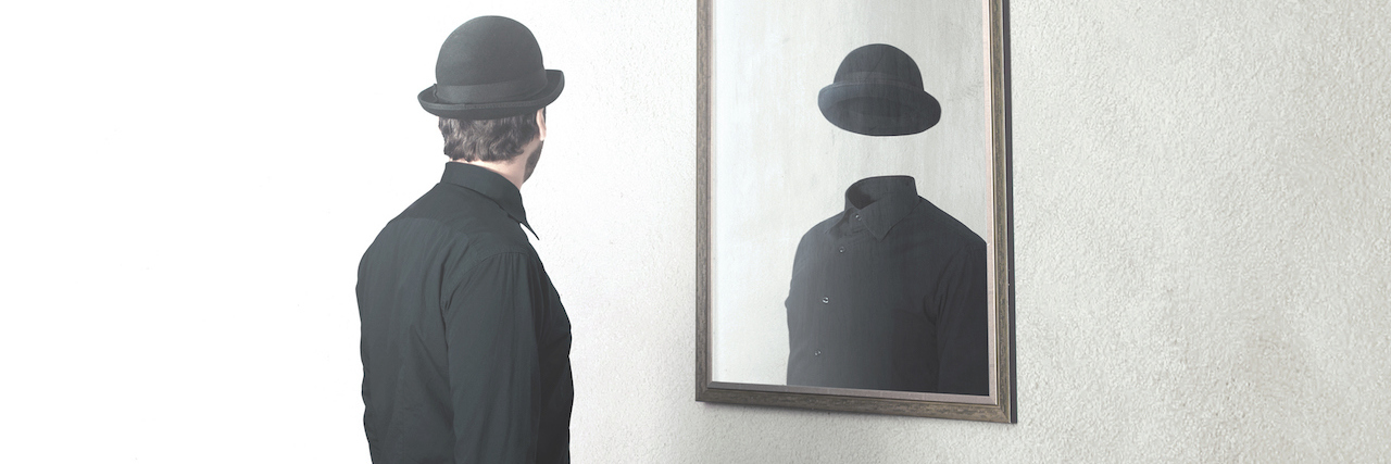 Shame and Quiet Borderline Personality Disorder An illustration of a man looking at his reflection in the mirror. He only sees his hat and shirt -- his face isn't there.