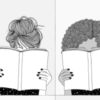 illustration of girls hiding their faces behind books