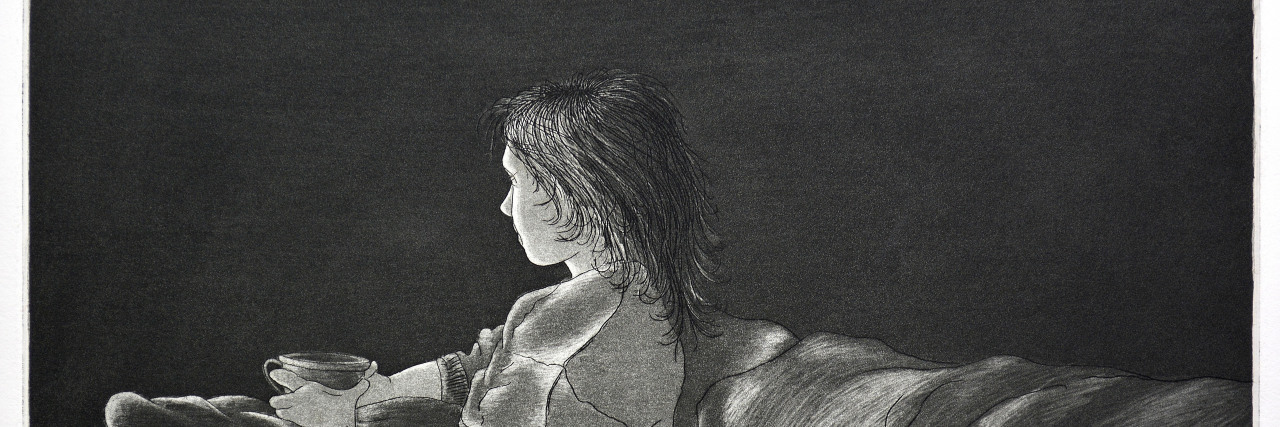 The Night I Almost Killed Myself -- But Didn't Abstract...This original, very high contrast figurative etching, shows a young woman, seated in the dark, with the light of a television screen, illuminating her from behind. This is an Original Etching, Done in 1998, and Made Available By the Artist, and Photographer.