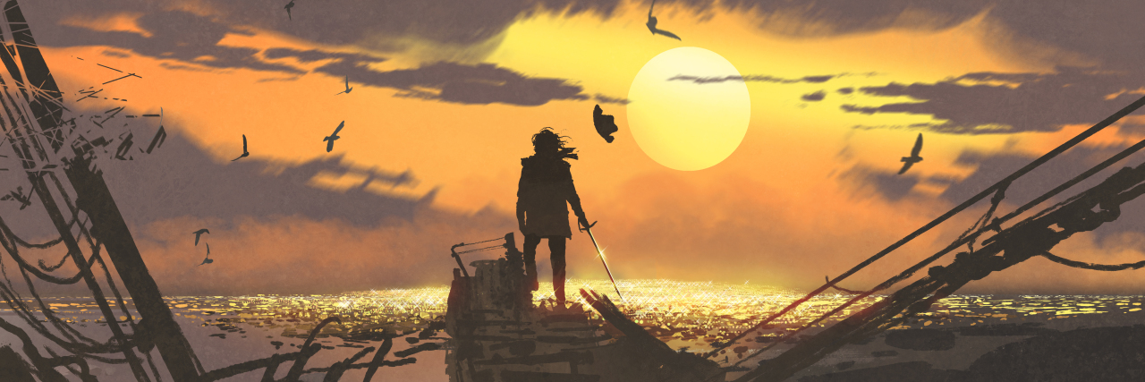 illustration of person with sword standing by ocean on ruined boat looking at sunset