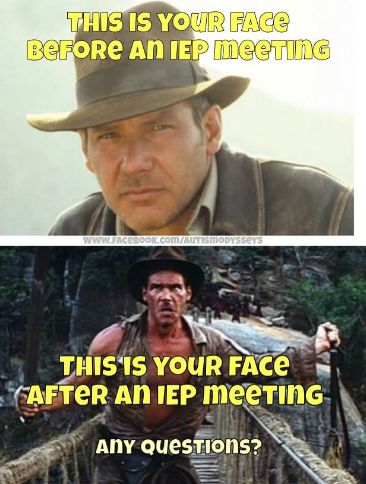 This is your face before and IEP meeting (Indiana Jones calm) This is your face after an IEP meeting (Indiana Jones furious)