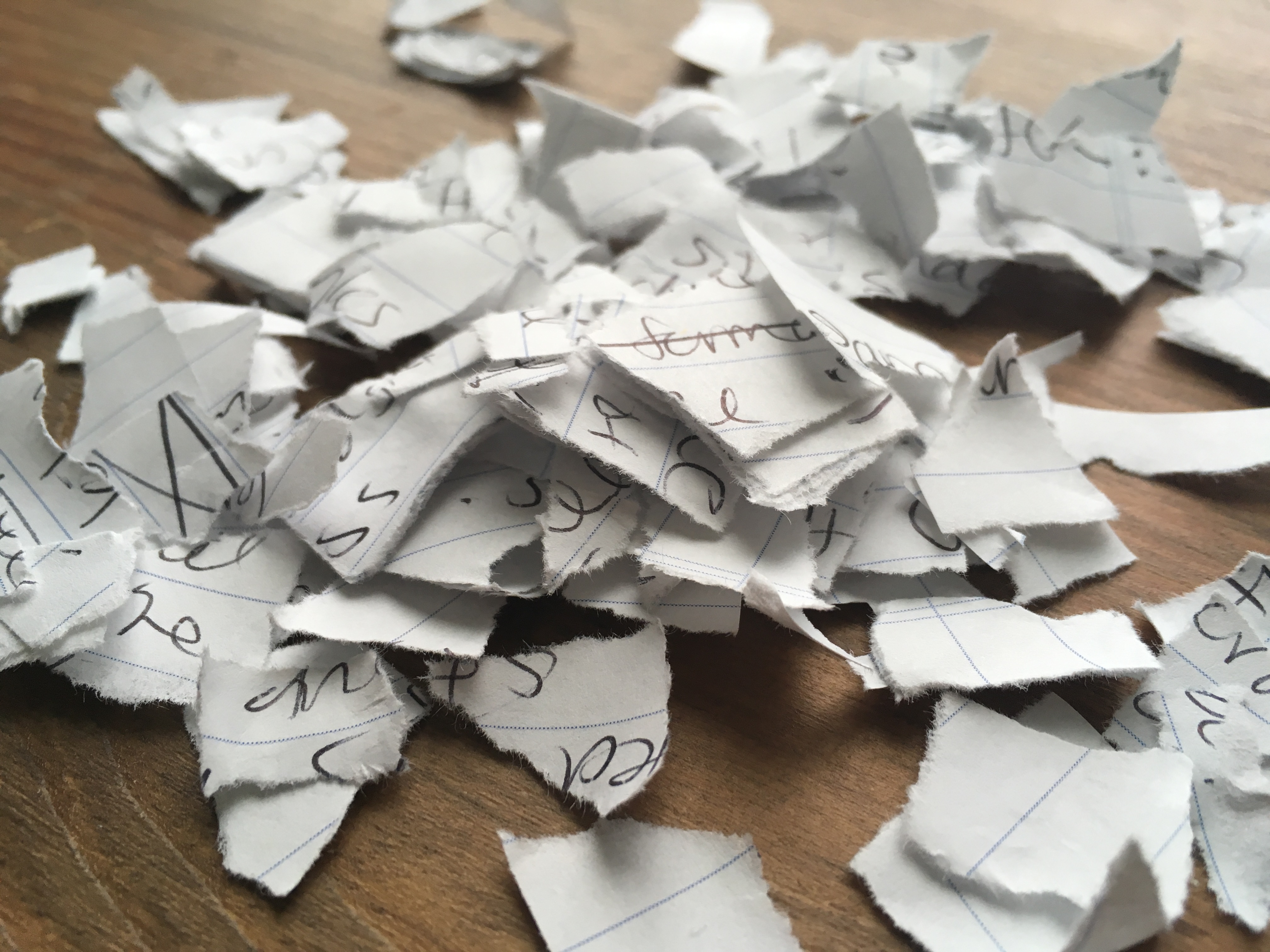 photo of torn pieces of paper with writing on them