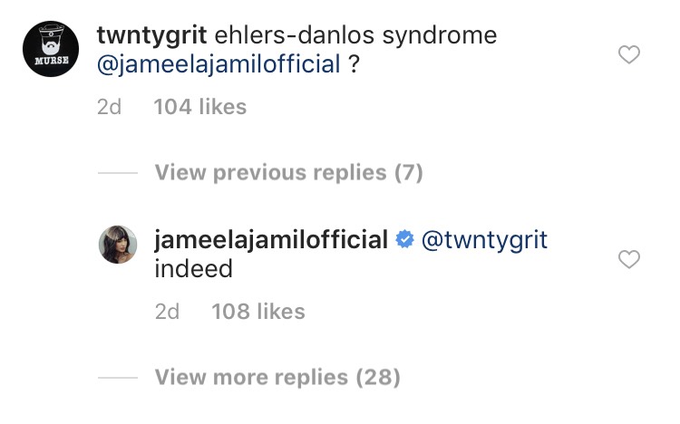 Instagram user twntygrit asks "ehlers-danlos syndrome?" and jameela jamil responds "indeed"