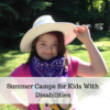 Summer camps for kids with disabilities. Little girl with Down syndrome holding on to cowboy hat.