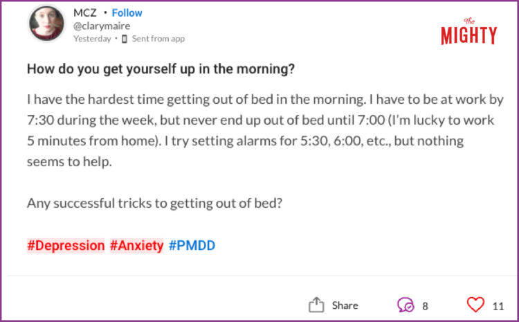 How do you get yourself up in the morning? I have the hardest time getting out of bed in the morning. I have to be at work by 7:30 during the week, but never end up out of bed until 7:00 (I'm lucky to work 5 minutes from home). I try setting alarms for 5:30, 6:00, etc., but nothing seems to help. Any successful tricks to getting out of bed?