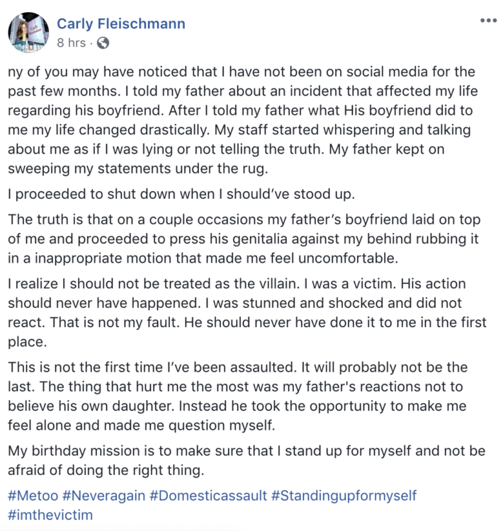 Carly Fleischmann's facebook post that says her father's boyfriend sexually assaulted her