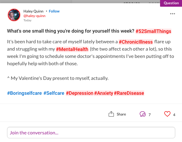 What's one small thing you're doing for yourself this week? #52SmallThings It's been hard to take care of myself lately between a #ChronicIllness flare up and struggling with my #MentalHealth (the two affect each other a lot), so this week I'm going to schedule some doctor's appointments I've been putting off to hopefully help with both of those. ^ My Valentine's Day present to myself, actually.