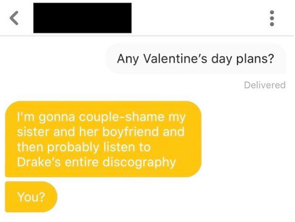 Q: Any Valentine's Day plans? A: I'm gonna couple shame my sister and her boyfriend and then probably listen to Drake's entire discography. You?