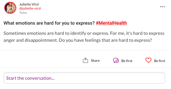 What emotions are hard for you to express? #MentalHealth Sometimes emotions are hard to identify or express. For me, it's hard to express anger and disappointment. Do you have feelings that are hard to express?