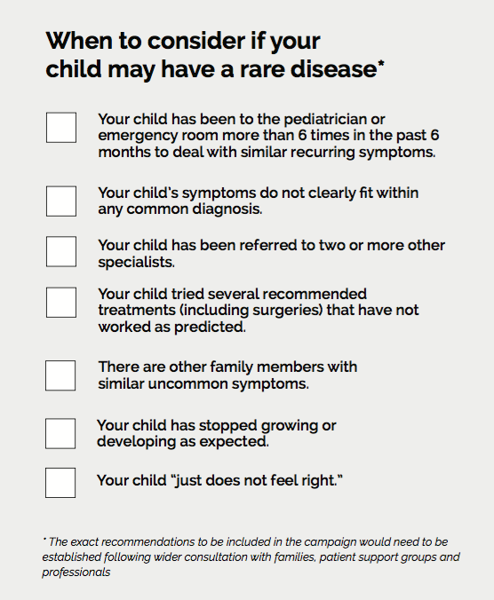 An image outlining "when to consider if your child has a rare disease."