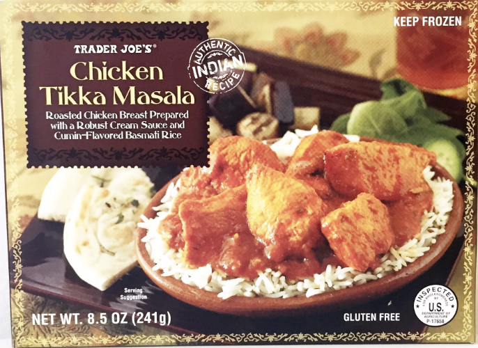 A photo of a box of Trader Joe's chicken tikki masala