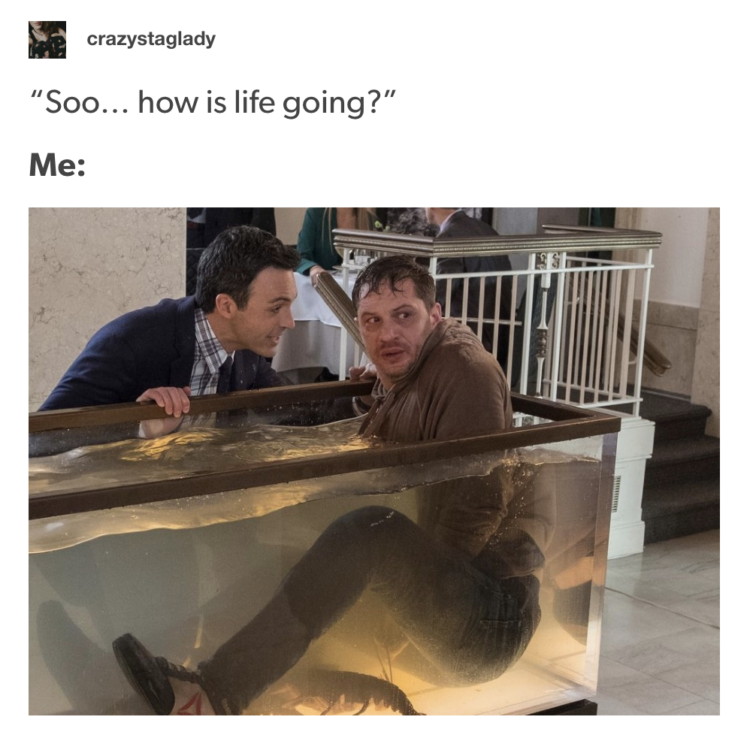 Post from @crazystaglady on Tumblr. Text reads: "So...how is life going?" Me:" And the image below "Me:" is a photo of a tired, messy, wet man sitting in a lobster tank.