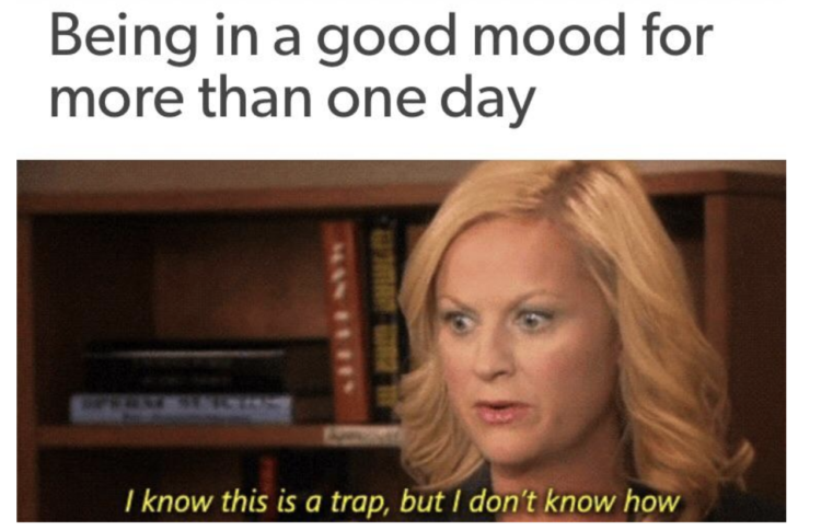 Heading on the photo reads: Being in a good mood for more than one day. The image is Leslie Knope from Parks and Recreation looking distressed, saying "I know this is a trap, but I don't know how."