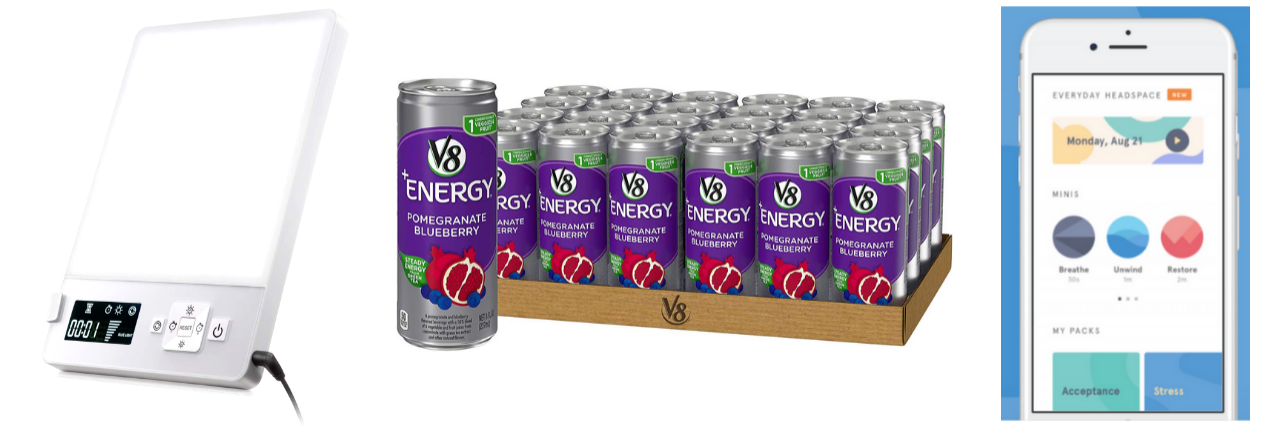 Things That Help People With Chronic Illness Get Up in the Morning lux therapy lamp, v8 energy drinks, headspace meditation app