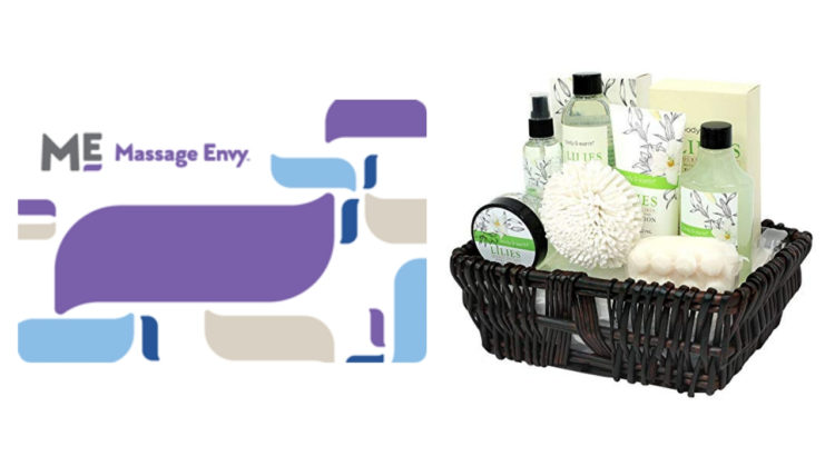 Massage Envy gift card and basket full of spa items