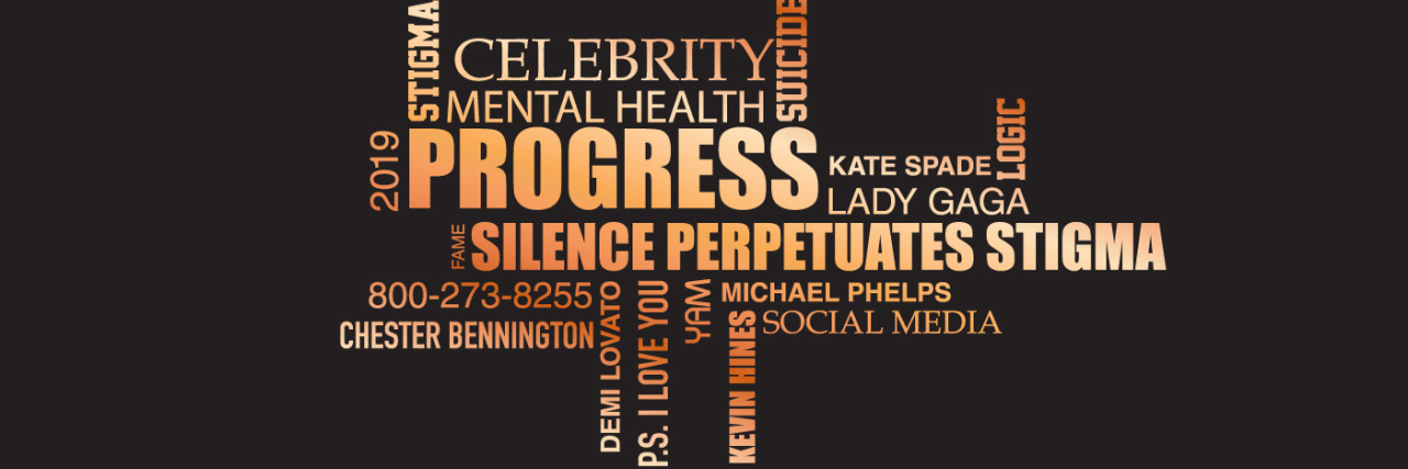 Speaking Out to Eliminate Suicide Stigma After My Partner's Death word cloud that features key words from the author's article, such as "progress," "silence perpetuates stigma" and "mental health"