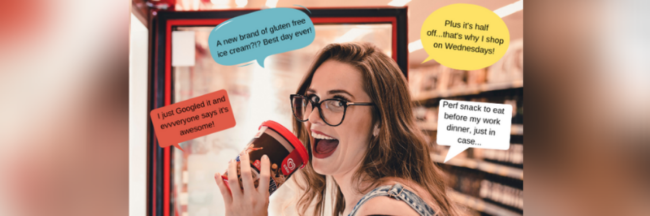 Surprising Things You Do When You Have Celiac Disease Woman standing in grocery store freezer aisle with pint of gluten-free ice cream