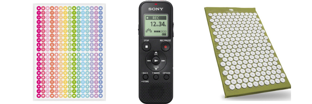 12 Surprising Things That Helped People With Brain Fog colorful chore stickers, audio recorder, bed of nails acupressure mat