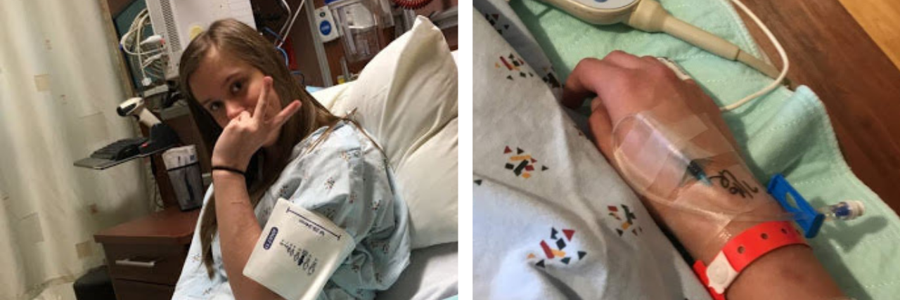 The author (a young woman) in a hospital bed, holding up a peace sign