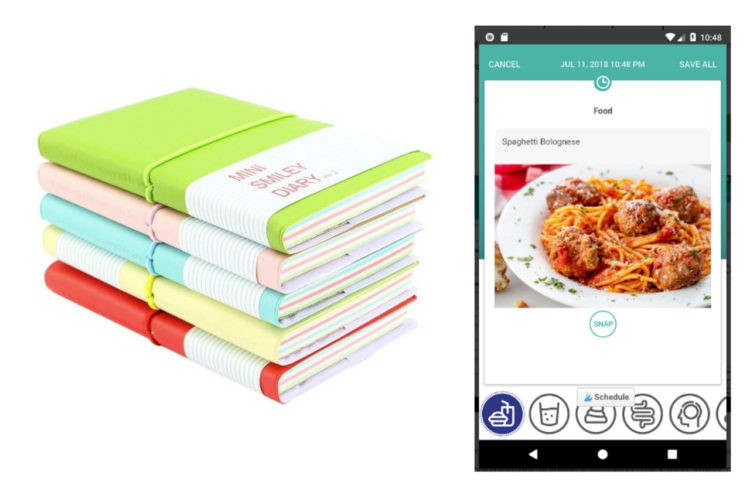 small diary notebooks and screenshot of cara food app