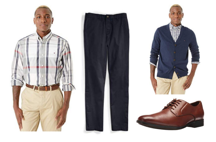 tommy adaptive button down, black pants and sweater, and brown dress shoes