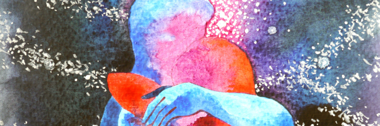 watercolor of man and woman hugging, swirl of stars around them