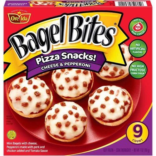 A photo of a box of pepperoni Bagel bites