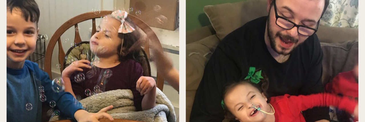 Genetic Discrimination and Babies With Trisomy 18 Photo montage of Lila with her siblings and parents. She is smiling, blowing bubbles and enjoying life.