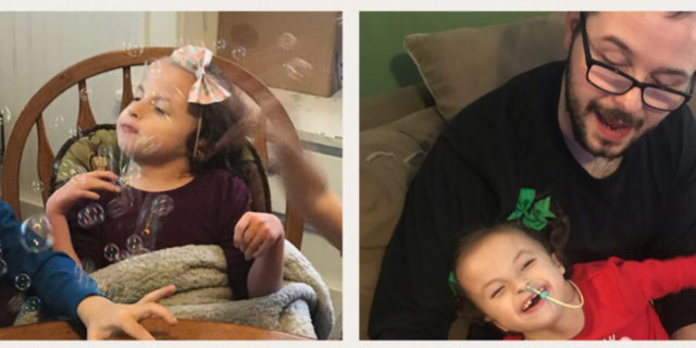 Photo montage of Lila with her siblings and parents. She is smiling, blowing bubbles and enjoying life.