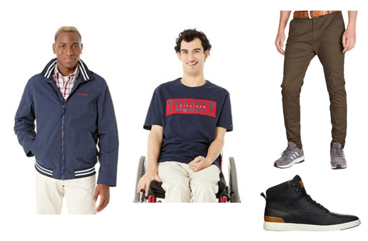 tommy adaptive jacket and t shirt, plus skinny pants and high top sneakers