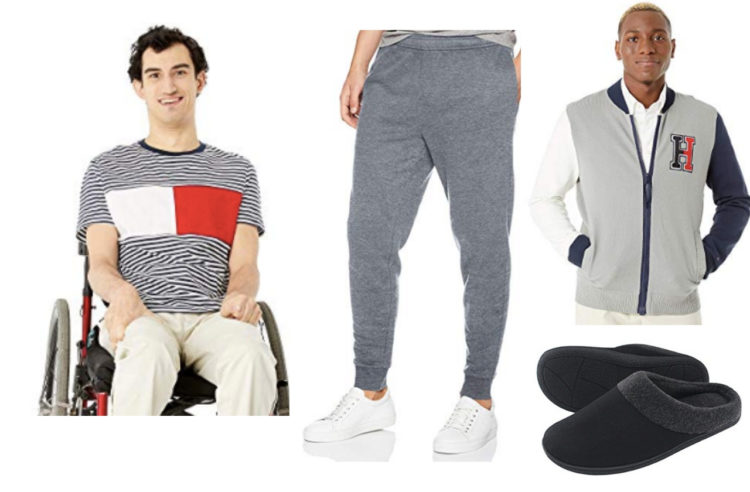 tommy adaptive shirt and baseball jacket, plus joggers and slippers