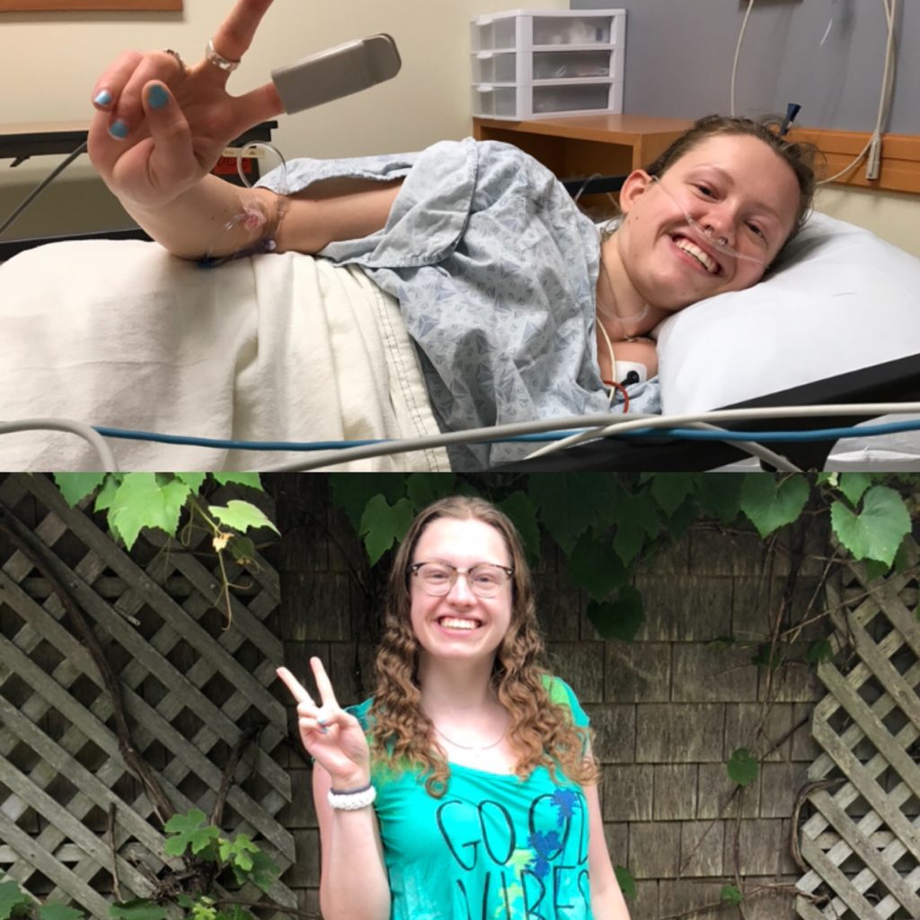 two photos of woman showing peace sign with fingers. In one she is in a hospital bed, and in another she looks happy and healthy
