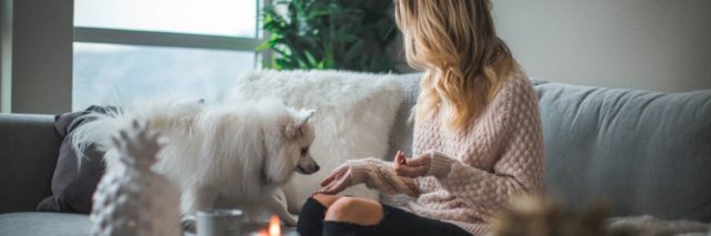 photo of woman relaxing at home with candles and white haired dog
