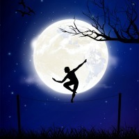 illustration of a tightrope walker in front of a full moon at night