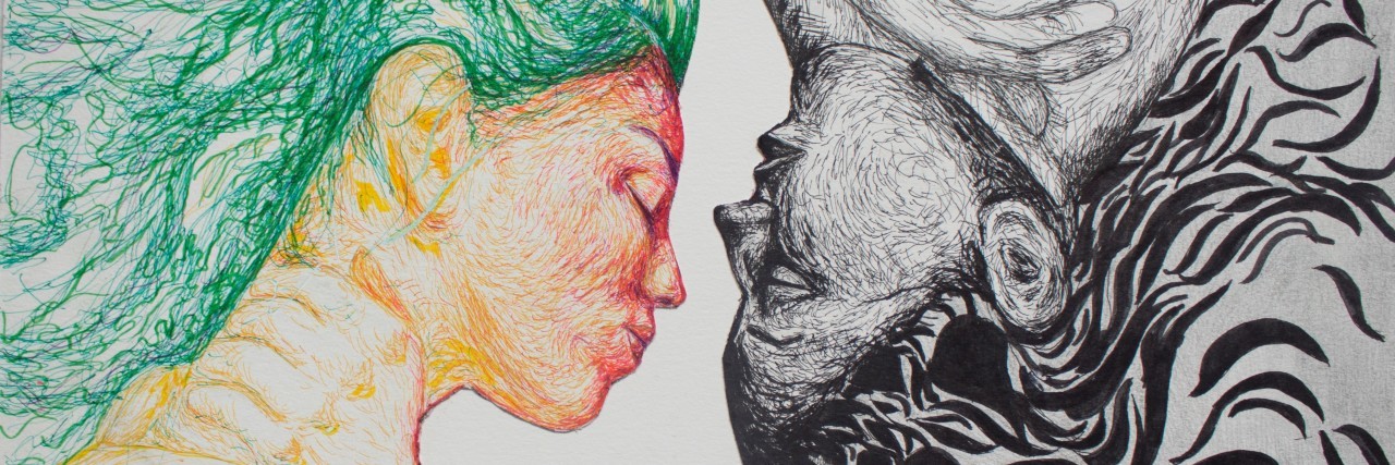 Chronic Illness: When You Feel You're Not Living, Just Surviving art from author Nicole Stef aka thegoodandgloomy_art Instagram showing two women in color and black and white facing each other with hands on throat