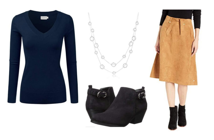sweater, necklace, booties and tommy adaptive midi suede skirt