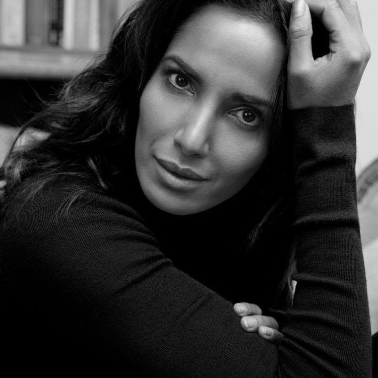 Padma Lakshmi black and white looking at camera