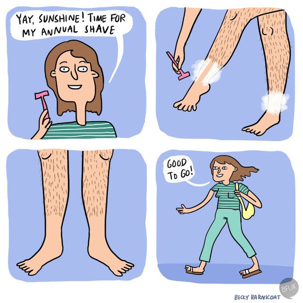 cartoon of woman saying "yay sunshine! time for my annual shave!" and only shaving the lower two inches of her ankles to wear cropped jeans