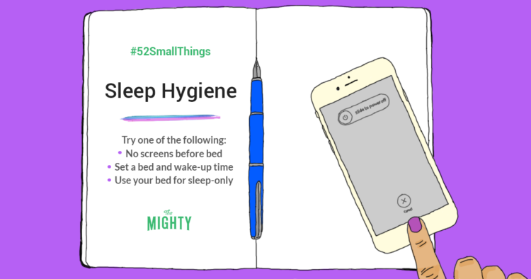 A journal entry that says "sleep hygiene, choose one of the following: No screens before bed, Set an bed and wake-up time, Use your bed for sleep-only"